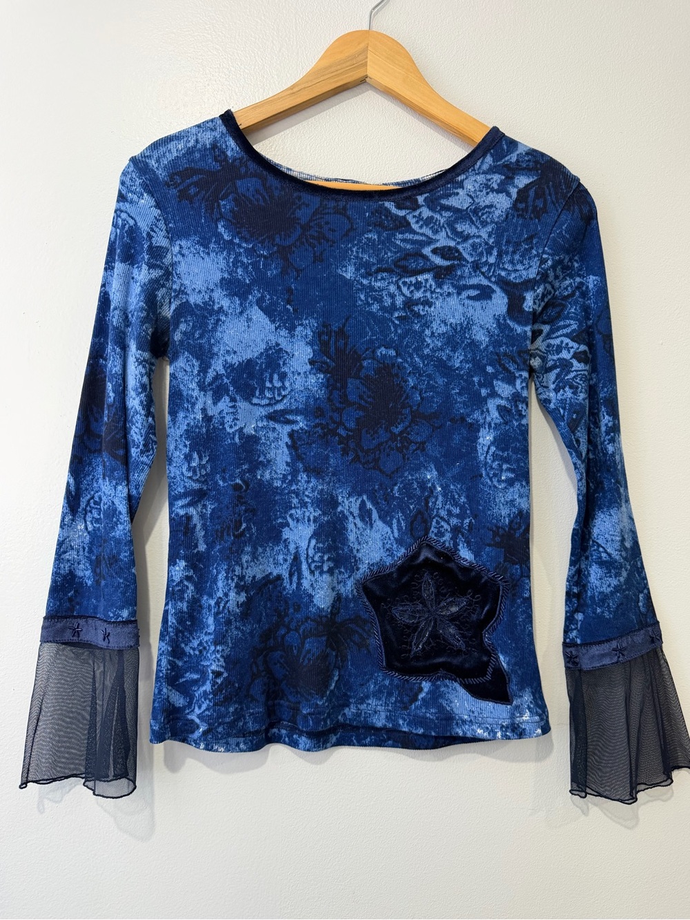 Vintage Vanity Y2K Blue Floral Mesh Bell Sleeve Top Goth Fairy Grunge M